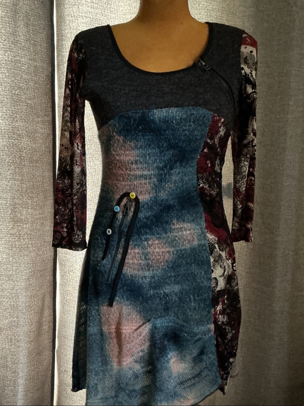 Mixed-Print Long Sleeve Dress in Blue and Burgundy